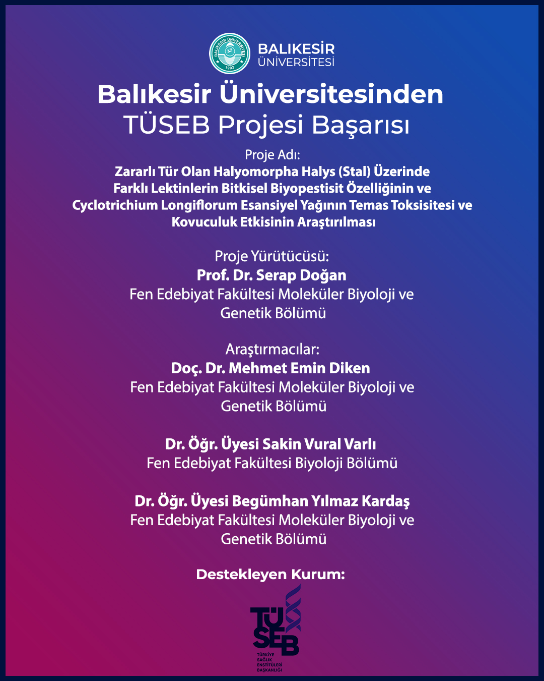 Balıkesir Üniversitesinden TÜSEB Projesi Başarısı