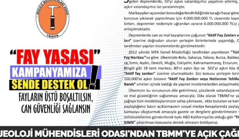 JEOLOJİ MÜHENDİSLERİ ODASI'NDAN TBMM'YE AÇIK ÇAĞRI